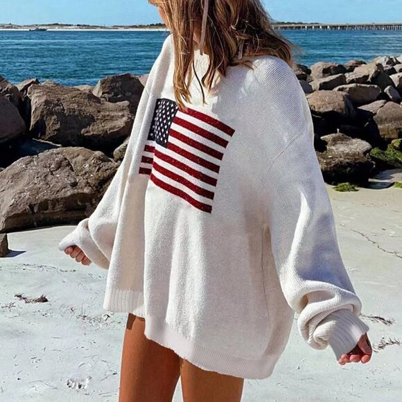 White Casual Womens Flag Design Drop Shoulder Sweater - Picture 1 of 5